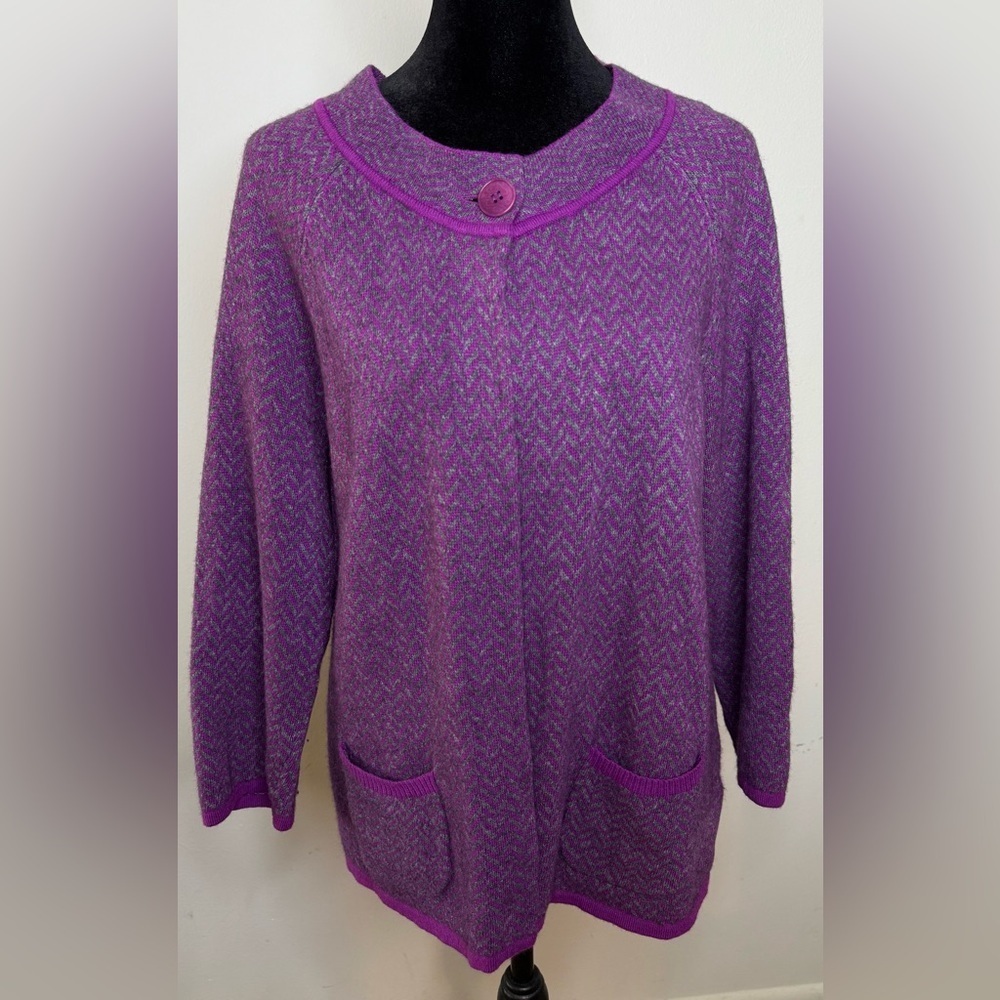 Talbots wool blend one button preppy purple Gray herringbone cardigan pockets L